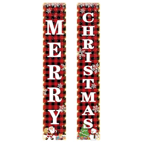 1 Pair Christmas Door Banner with String Lights 5.9FT Outdoor Welcome Banner Hanging Porch Door Signs for Home Yard Christmas Decor