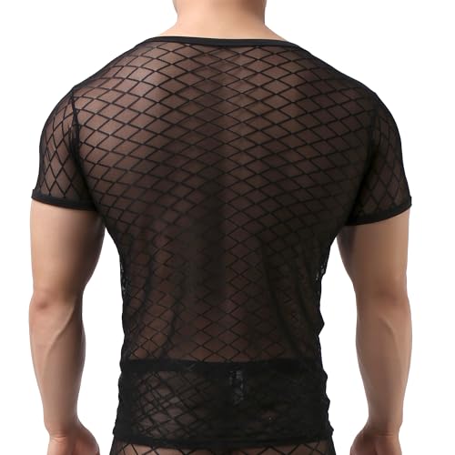 Camiseta de manga corta para hombre transparente de malla ajustada negra lisa 2