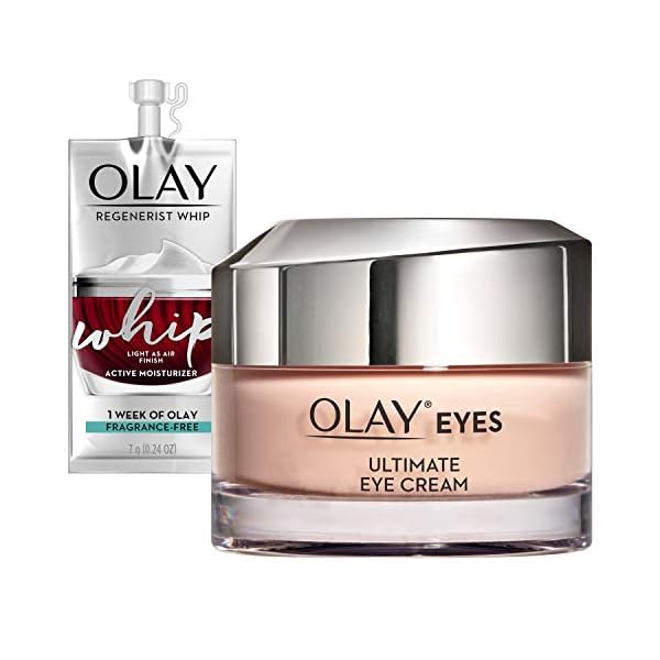 Olay Ultimate Eye Cream for Wrinkles, Puffy Eyes + Dark Circles, 0.4 Oz + Whip Face Moisturizer Travel/Trial Size Gift Set