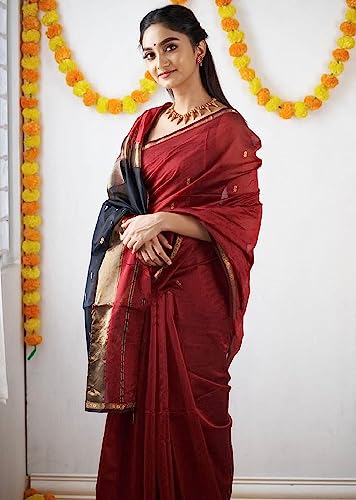 Image of SGF11 Women's Kanjivaram Soft Cotton Linen Silk Saree With Blouse Piece (Maroon Black)