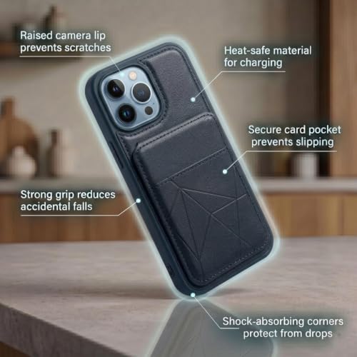 Image of amazon basics Premium Vegan Leather Back Cover with Card Holder and Integrated Mobile Stand for iPhone 13 Pro Max - Slim Shockproof Wallet Case with Geometric Stitching [Blue]