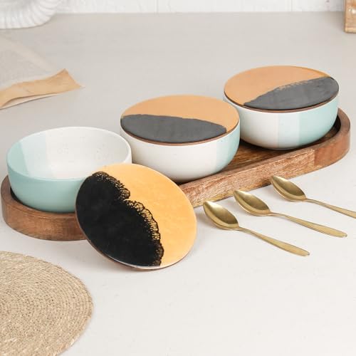 Image of The Earth Store TT Green Matte Ceramic Bowl Serving Set - 3 Bowls (500ml Each) with Wooden Tray, 3 Spoons & 3 Multipurpose Lids /Coaster - for Snacks, Curries, Desserts & Fruits | Diwali Gift