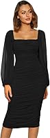 Haibang Elegante Kleider Damen Bodycon Langarm Mesh Midikleid Sexy Quadratischer Hals Rüschen Figurbetont Langarmkleid Festliche Hochzeit Partykleid Abendkleider Cocktailkleid