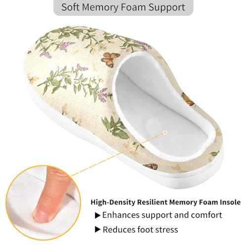 JUNZAN Retro Butterflies Herbs Beige Mens Home Cotton Slipper Breathable Memory Foam Indoor Slippers for Spa Funny Presents 6-72
