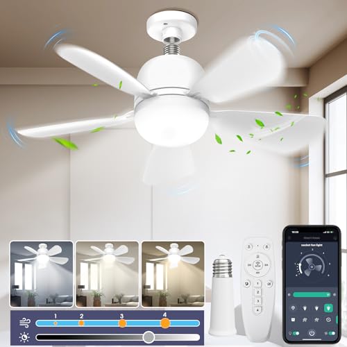 Socket Fan Light with Remote & APP Control, 1500 Lumens Ceiling Fans with Lights 3 Color Dimmable,...
