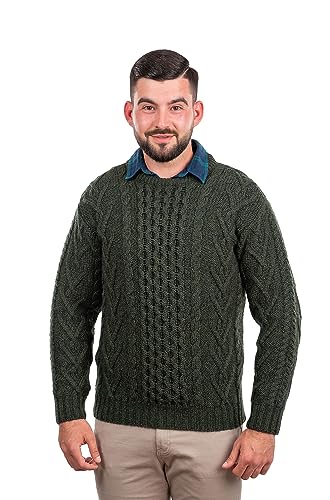 SAOL 100% Merino Wool Men's Irish Traditional Aran Crew Neck Cable Knit Sweater Pullover
