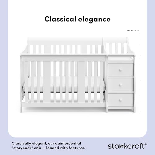 Image of Storkcraft Portofino 5-in-1 Convertible Crib and Changer - Crib and Changing Table Combo with Drawer, Converts to Toddler Bed, Daybed and Full-Size Bed, Storage Drawer (White)
