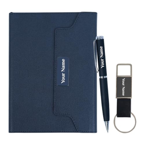 Image of Giftana 3 in 1 Personalized Diary with Pen and Keychain Gift Set for Men and Women, Customized Leather Texture Folding Notebook Diary Set, Diwali Gift, Corporate Gifts for Employee- Black,192 Pages