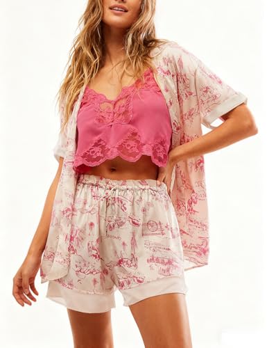 Image of Women Silk Pajamas Floral Satin 2 Piece Pajama Sets | Button Down Short Sleeve Shirt and Elastic High Waist Shorts, Vintage 2Pcs Pj Sets, Two Piece Lounge Set, Elegant Sleepwear