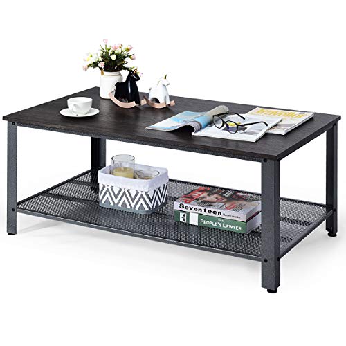 CASART 2-Tier TV Console Table, Wooden Top Entertainment Center Sofa Coffee Table with Iron Mesh Shelf, Metal Frame TV Stand Side Tables for Living Room, Bedroom, Office (Black)