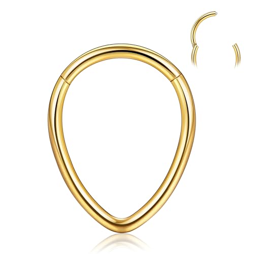 BodyBonita 16G Teardrop Septum Rings - G23 Titanium Nose Rings Hoops Seamless Hinged Cartilage Conch Daith Helix Rook Earrings Piercings Septum Jewelry for Women Men Gold Plated 10mm