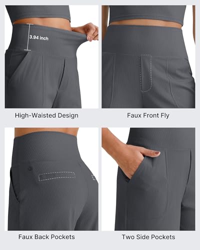 G4Free Dress Shorts Women High Waisted Ribbed with Side Pockets Elastic Waist for Casual Work Summer (Dark Gray,L) — view 5