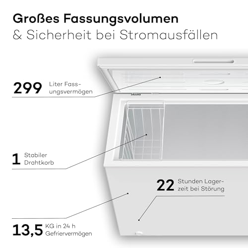 SCHOEPF – GT300S Gefriertruhe 299 L – Weiß – 83,5 x 112,5 x 61 cm – Energieklasse E – Schnellgefrieren – 41 dB – 231 kWh/Jahr – 4-Sterne-Kennzeichnung – Freistehend