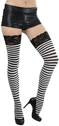 Image of ToBeInStyle Women's Opaque Hosiery Thin Striped Thigh High Long Stocking