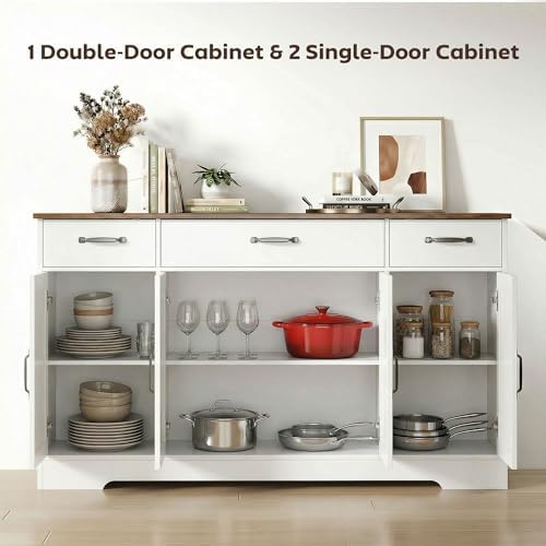 HOMCOM Sideboard Buffet Cabinet, 55" Farmhouse Kitchen Storage Cabinet with 4 Barn Doors, 3 Drawers, 3 Adjustable Shelves, Coffee Bar Station, TV Stand for TVs up to 60 Inch, White - 3