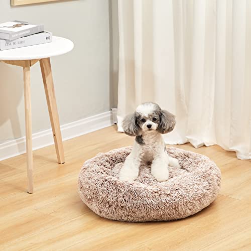 Image of Bedfolks Calming Donut Dog Bed, 23 Inches Round Fluffy Dog Beds for Small Dogs, Machine Washable Anti-Anxiety Plush Puppy Bed(Brown, Small)