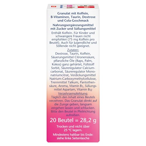 Doppelherz Energie Plus Koffein + Taurin + B-Vitamine DIRECT – Mit Vitamin B1, B5 (Pantothensäure) und B12 als Beitrag zum Energiestoffwechsel – 20 Portionsbeutel