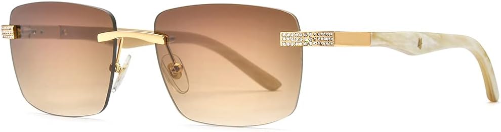 HEPIDEM 100% Really Buffalo Horn Handmade Sun Glasses for Women,Square Rimless Luxury Buffs Sunglasses With Diamonds