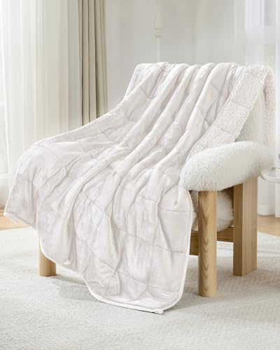 Image of Ultra-Soft Weighted Blanket for Adults(15 lbs, 48 inch x 72 inch Full Size) Plaid Sherpa Fleece Reversible Heavy Blanket with Glass Beads, Perfect for 140-190 lbs, Machine Washable, Cream