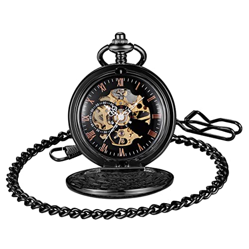 Image of Mens Pocket Watch Skeleton Mechanical Hand Winding Half Hunter Silver Black Golden Case Roman Numerals with Gift Box