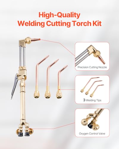 Image of VEVOR Oxygen Acetylene Torch Kit, Gas Welding Cutting Torch Kit, 14PCS Portable Oxy Acetylene Brazing Set with 177'' Long Twin-Hose, Cutting Nozzle, 3 Welding Tips & Carry Case (without Gas Cylinder)