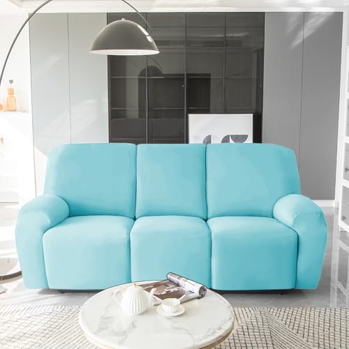 Image of HOKIPO 'SereneSolids' 140 GSM Recliner Stretch Sofa Slipcover 3 Seater Fully Covered 8-Piece Set Machine Washable Furniture Protector with Elasticity for Kids Pet, Sky Blue (AR-4742-SBLU)