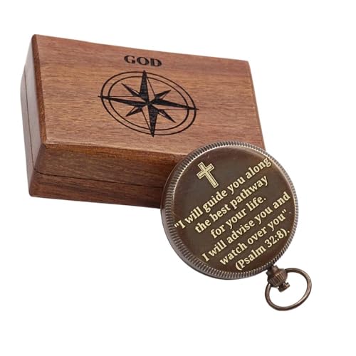 Brújula de bolsillo de latón con caja de madera grabada miniatura 1