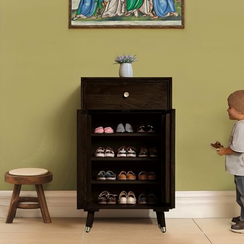 Image of The Attic Diamond Shoerack, Shoe Storage Cabinet for Home, Shoe Rack with Seat & Door, Shoe Organizer, Shoe Rack for Home, Walnut Matte Finish