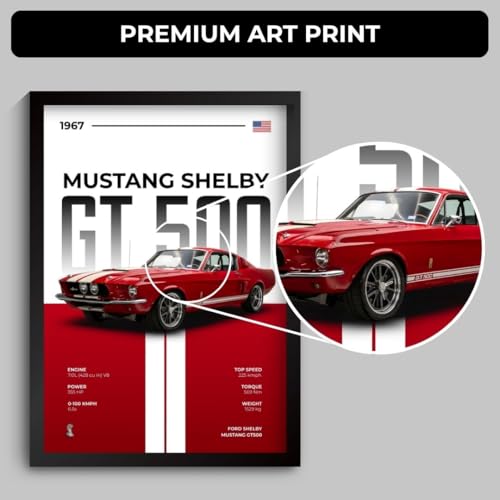 Image of Shelby Mustang Poster | Framed A4 Sized (31 x 23 cm) | Shelby Mustang GT 500 Car Posters for Wall, Gift for Boys | Supercar Frames | Poster Sportscar Frame | Car Posters for Wall, Bedroom, Hostel, Study Room, Desk (F 084)