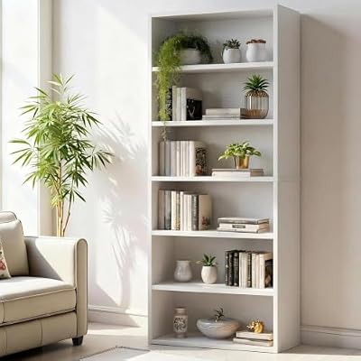 Blorly Large Bookcase, 5-Tier 63 Inch Tall Industrial Storage Wall Shelf, Display Shelf for Living Room, Bedroom, White