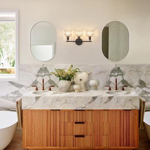 Shenmoyl Bathroom Light Fixtures, 3-Light Black Vanity wall Light Over Mirror with Clear Tulip Glass Shade for Bedroom Living Room (Bulb Not Included) by Shenmoyl - Used condition - Image 9