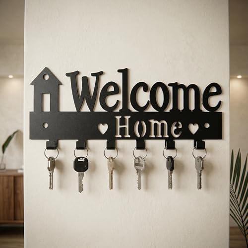 Image of Ventuos Metal Wall Mounted Key Holder with 6 Hooks, Welcome Home Design, Key Organizer for Home Office Bedroom Entryway