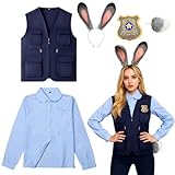 XPJBKC Kaninchen Kostüm Zubehör, 5 PCS Rabbit Polizistin Outfit, Karneval Kostüm Set mit Hasenohren und -schwanz, Hemd, Jacke und Abzeichen, Kostüm Zubehör für Karneval Halloween Cosplay Party, L