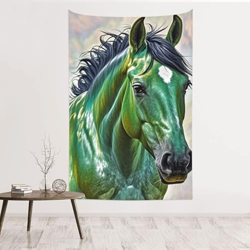 Tapisserie murale cheval vert en velours pêche, décoration murale noble