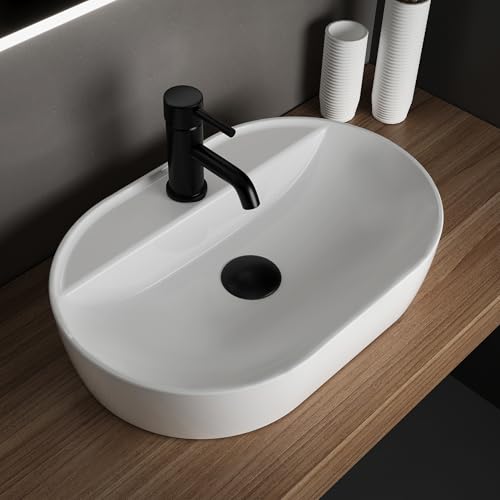 Alpenberger Waschbecken 60 cm Breit | Aufsatzwaschbecken Oval | Waschschüssel mit Nano für Badezimmer und Gäste WC | Waschtisch Klein | Waschschale mit Hahnloch