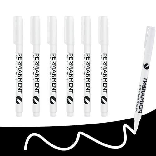 Cncedi 6pcs 1mm White Permanent Marker Pen, White Fabric Pen Quick Dry Waterproof Laundry Marker for Garden Clothes Wall Metal Wood Glass Plastic Tyre Stones Ceramic