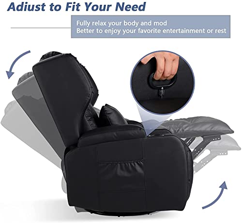 Vuyuyu Swivel Rocker Recliner Chairs, 360° Swivel Chair Ergonomic Manual Pu Leather Reclining Chairs For Living Room, Comfy Sofa Chair With Padded Seat Backrest/Lumbar Pillow/Cup Holders (Black) #TOP3