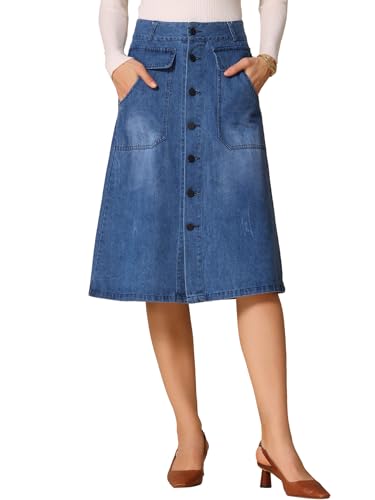 Allegra K Women's A-Line Midi Skirts Button Front High Waist Jean Denim Skirt