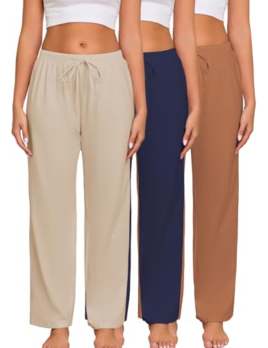 Image of Veseacky Women 100% Cotton Pajama Bottoms Comfy Soft Lounge Sleep Pants Drawstring Sleepwear 3 Pack S-XXL