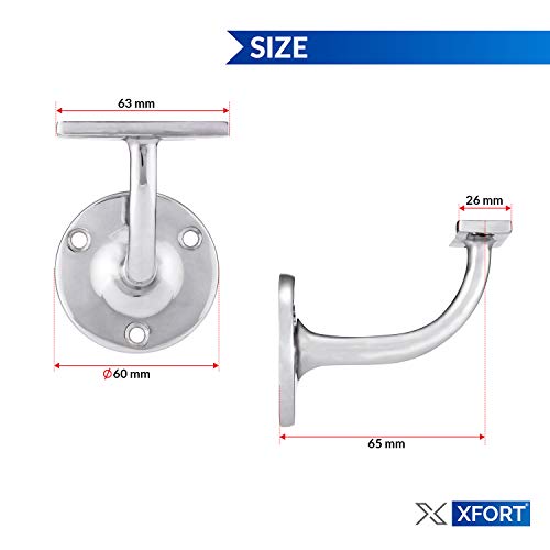 XFORT Ensemble de 4 supports de main courante chrome satiné, support en acier robuste pour rampe d'escalier, pour main courante en bois et en acier, supports élégants et élégants pour main courante.