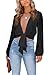 LYANER Women's Deep V Neck Tie Front Knot Long Sleeve Sexy Wrap Crop Top Blouse Pure Black Large