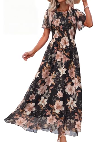 Image of Simplee Womens Casual Floral Summer Maxi Dress 2026 Boho Flowy Short Sleeve Crew Neck Vacation Smocked Chiffon Dresses