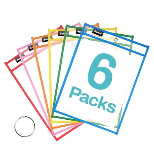 SUNEE 6 Packs Oversized Reusable Dry Erase Pocket Sleeves with Binder Ring, 6 Assorted Colors 10x14 Ticket Holders, Clear Plastic Sheet Protectors, Teacher School Classroom Supplies