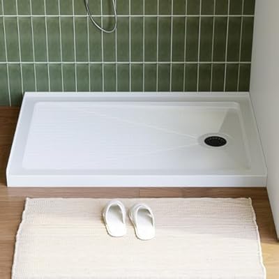 HOROW 48"L x 32"W Shower Base, Slip-Resistant Rectangle Single Threshold Shower Pan for Bathroom, White Acrylic Shower Base Pan with Stainless Steel Matte Black Drain, Right Drain Location