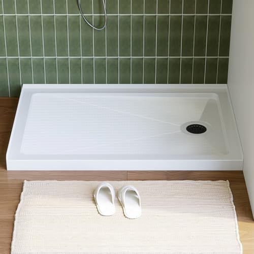 Image of HOROW Shower Base 48 inch x 32 inch, Right Drain Single Threshold Shower Base in White with Efficient Drainage, Non-Slip, Stainless Steel Cover, Small Rectangle Acrylic Shower Pan for Bathroom