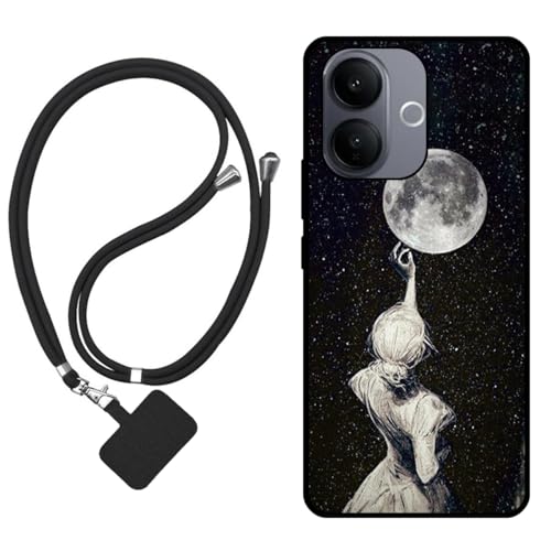 Image of Sunrive Case compatible with Vivo V60 Lite 4G/5G, Ultra Slim matte Soft Premium TPU Back Rubber Bumper Protector Patterns Cover(Back Shadow,Moon,Stars)+1 x Phone Lanyard