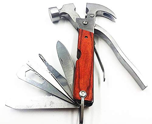 13 in 1 Portable Survival Multitool Pocket Mini Hammer Ergonomic Design Metal Construction Wood Inlay Handle Multifunctional Hammer Tool for Outdoor Survival,Camping, Fishing, Hiking.