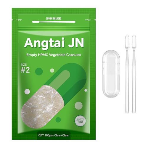 Angtai JN Capsule Vuote Vegetali Taglia 2-Chiavi Capsule Vuote per Riempimento con 2 Micro Cucchiai, Capsule Vuote Fai-Da-Te Compatibili con Dimensioni di Riempimento Capsule 2, 100 unità