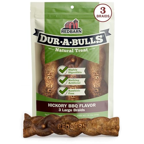 Redbarn Natural Dur-A-Bulls Treats for Dogs - 3 Large Braids - Hickory Flavor - Made in USA Long Lasting 100% Edible No Artificial Ingredients or Plastic