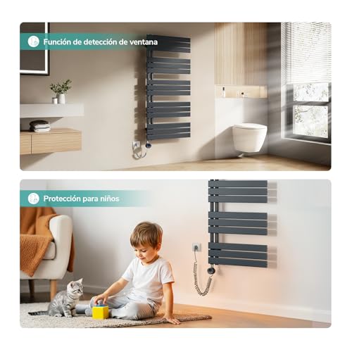 Miniatura 3 de Emke Radiador Toallero Eléctrico Con Wifi Termostato 132x60 Cm, 800w Antracita, Toallero Eléctrico De Bajo Consumo, Resistencia Calefactora Con Temporizador,Calienta Toallas,Secatoallas